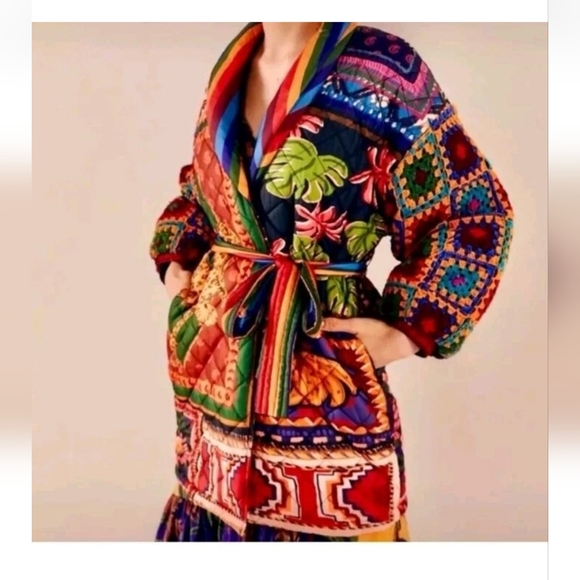 EUC FARM RIO Patchwork Tapestry Crochet Multi Patterned Puffer Coat, Size Large - Picture 1 of 11